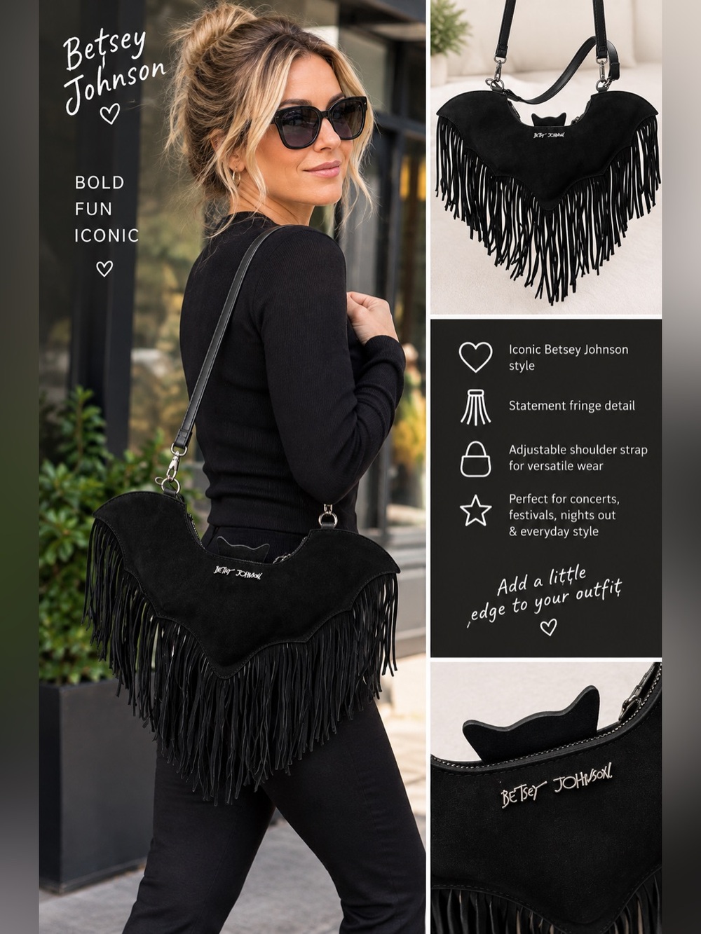 Betsey Johnson Black BAT Fringe Shoulder Bag